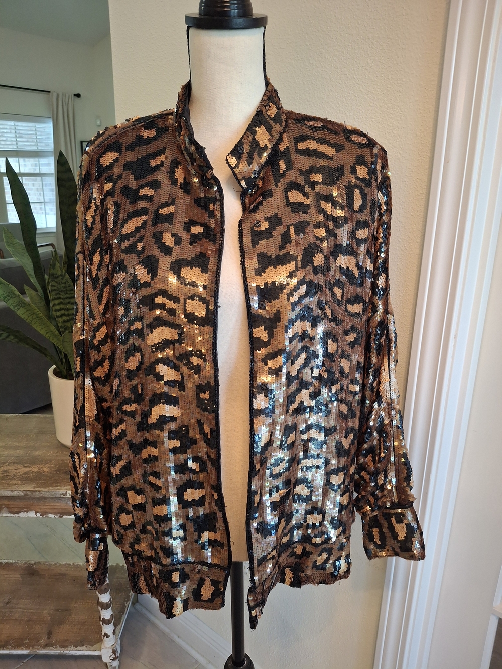 Vintage Silk Sequin Leopard Print Bomber Jacket - Brown